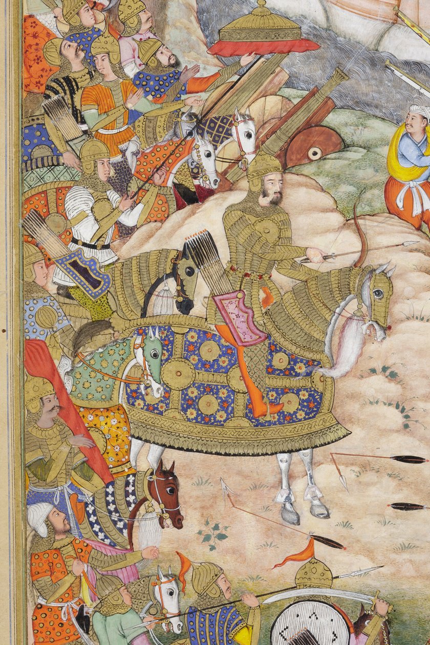 Detalj fra Baburs tropper tar festningen i Kabul, ca. 1590-1600 (ugjennomsiktig wc og gull på papir) av Dhannu, and Dharmdas Farrukh