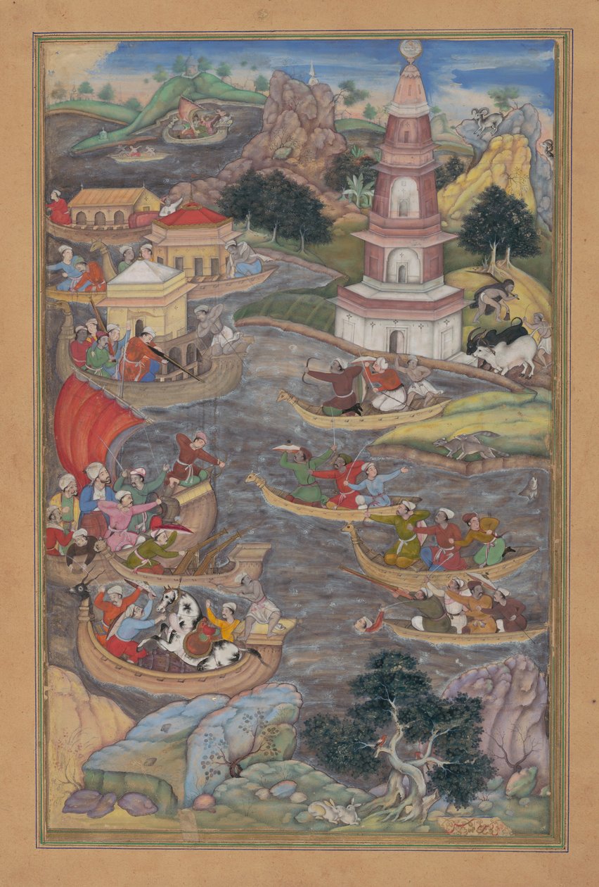 Alexander Fights a Sea Battle, Folio fra en Khamsa Quintet of Amir Khusrau Dihlavi, 1597-98. av Dharmadas