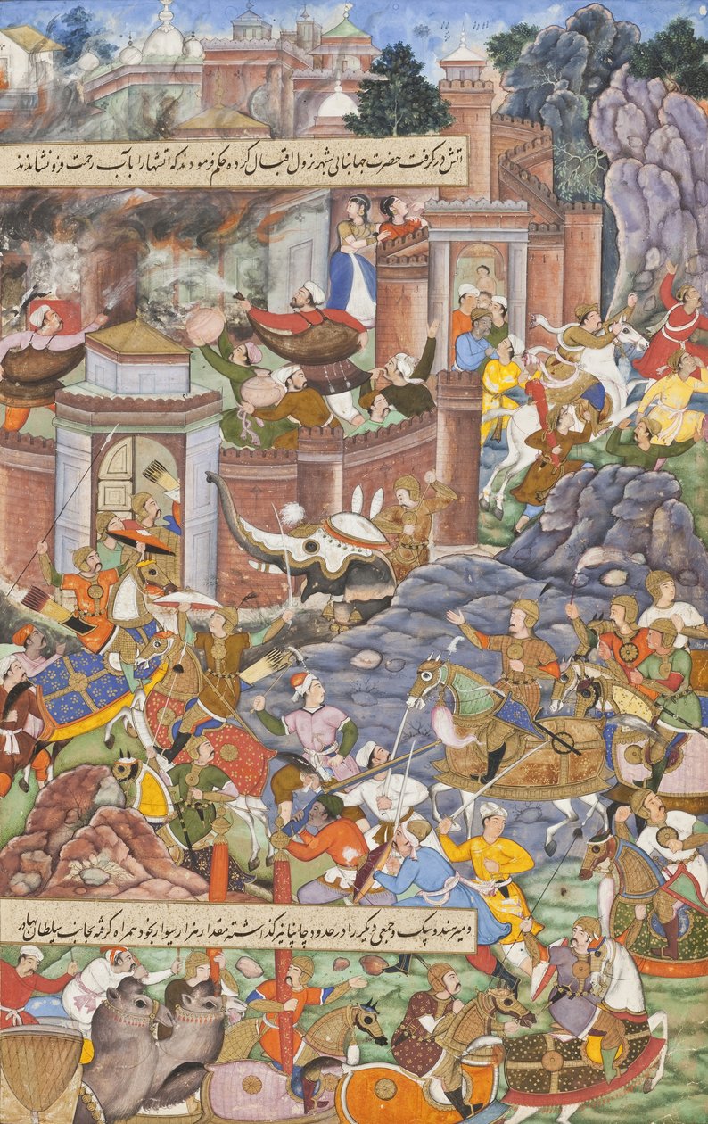 Sultan Bahadurs flukt under Humayuns 1535-kampanje i Gujarat, ca. 1590 (ugjennomsiktig akvarell, gull og blekk på papir) av Dharmdas Dharmdas