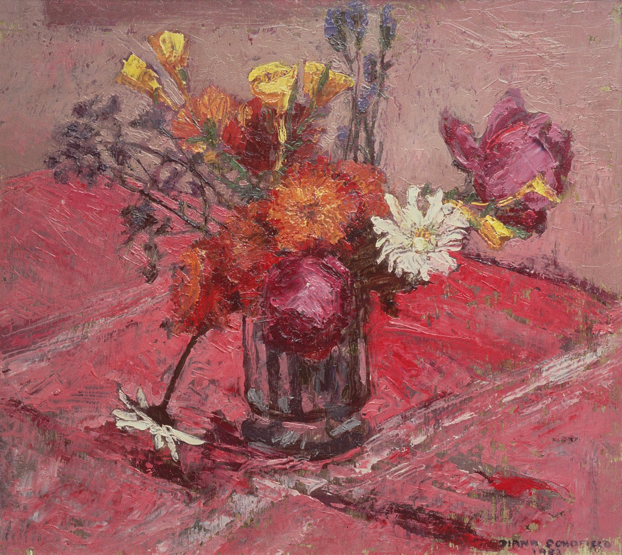 Stilleben med vase med blomster, 1983 av Diana Schofield