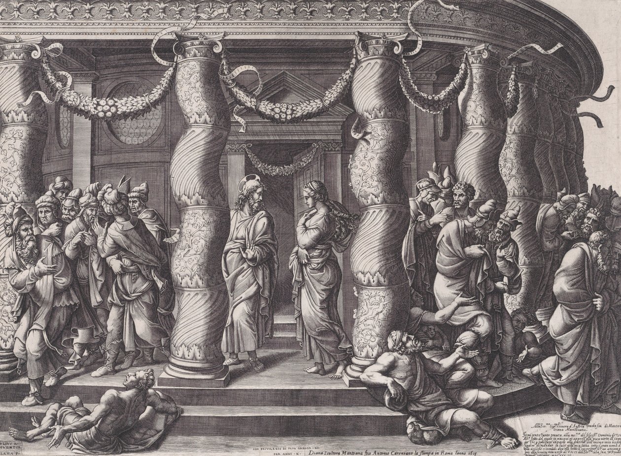 Kristus og kvinnen tatt i utroskap, 1575 utgitt på nytt 1613. av Diana Mantuana