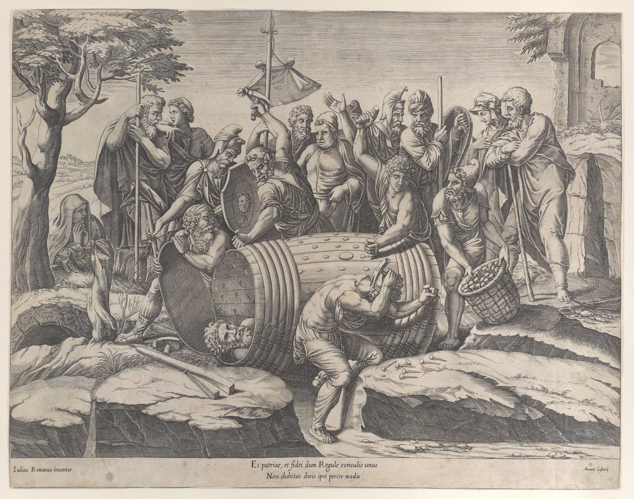 Marcus Atilius Regulus i en tønne mens to menn hamrer i spiker, diverse fi..., 1555-77. av Diana Mantuana