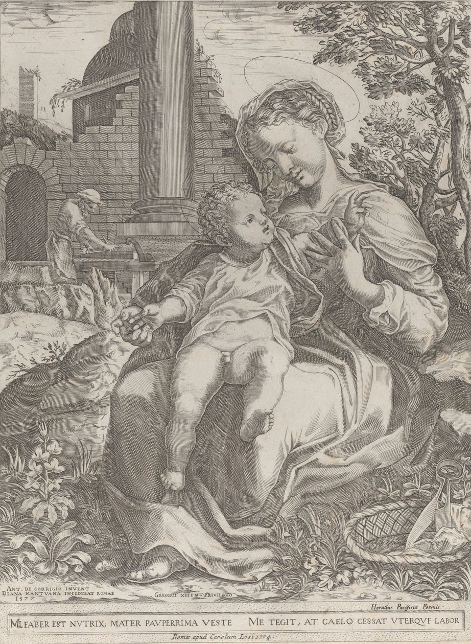 Den hellige familie i Egypt, med Joseph som snekker i bakgrunnen ..., [1577], utgitt på nytt 1774. av Diana Mantuana