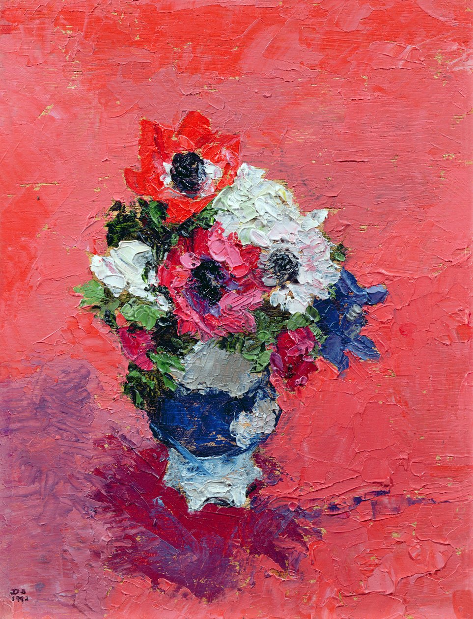 Anemoner på rød grunn, 1992 (brett) av Diana Schofield