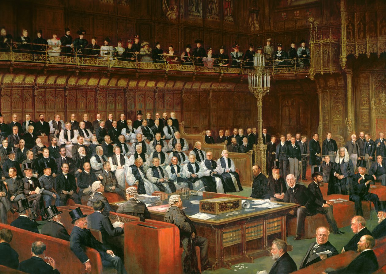 Hjemmestyredebatten i House of Lords, 1893, Lord Chancellor About to Still the Question, 1893 (detaljer) av Dickinson and Foster