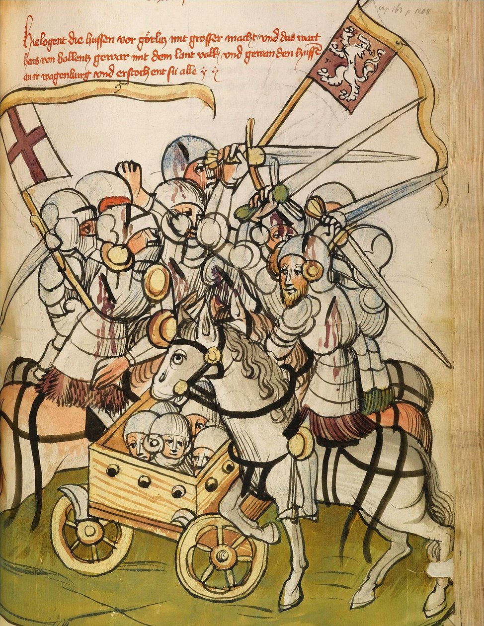 Kampscene under de katolske korstogene mot hussittene, tilhengere av Jan Hus (eller Jean Huss av Diebold (workshop) Lauber