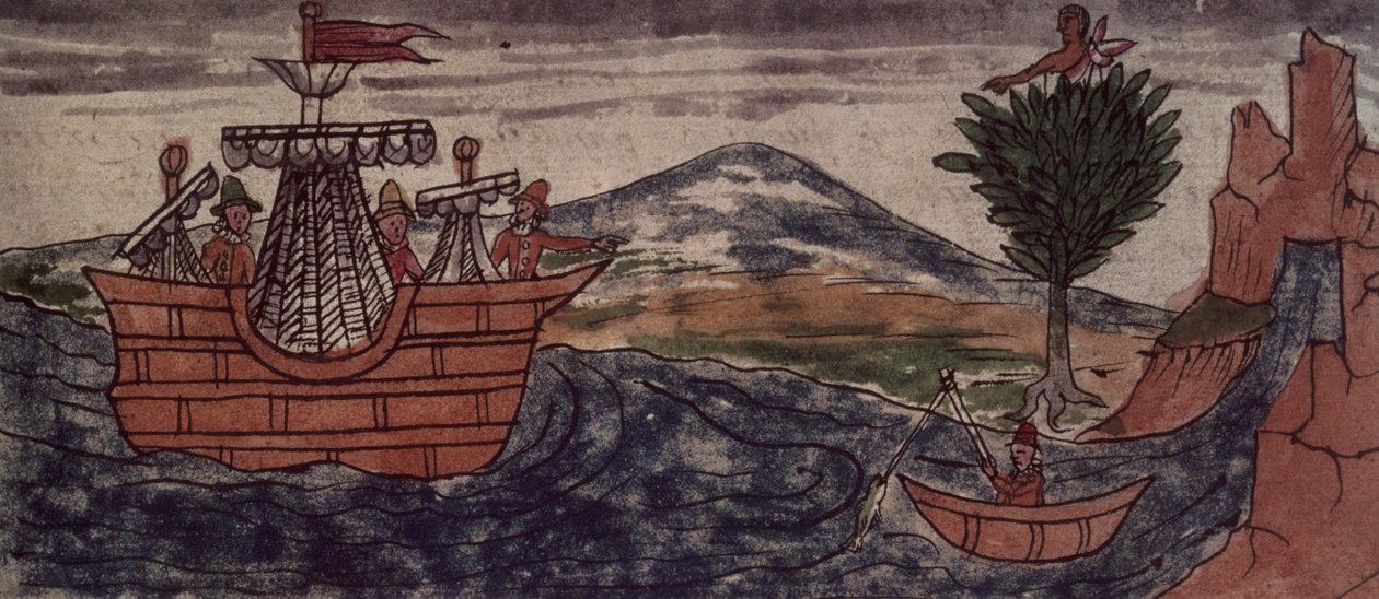 Fol.197v En indisk spion observerer ankomsten av et spansk skip på den meksikanske kysten, 1579 av Diego Duran