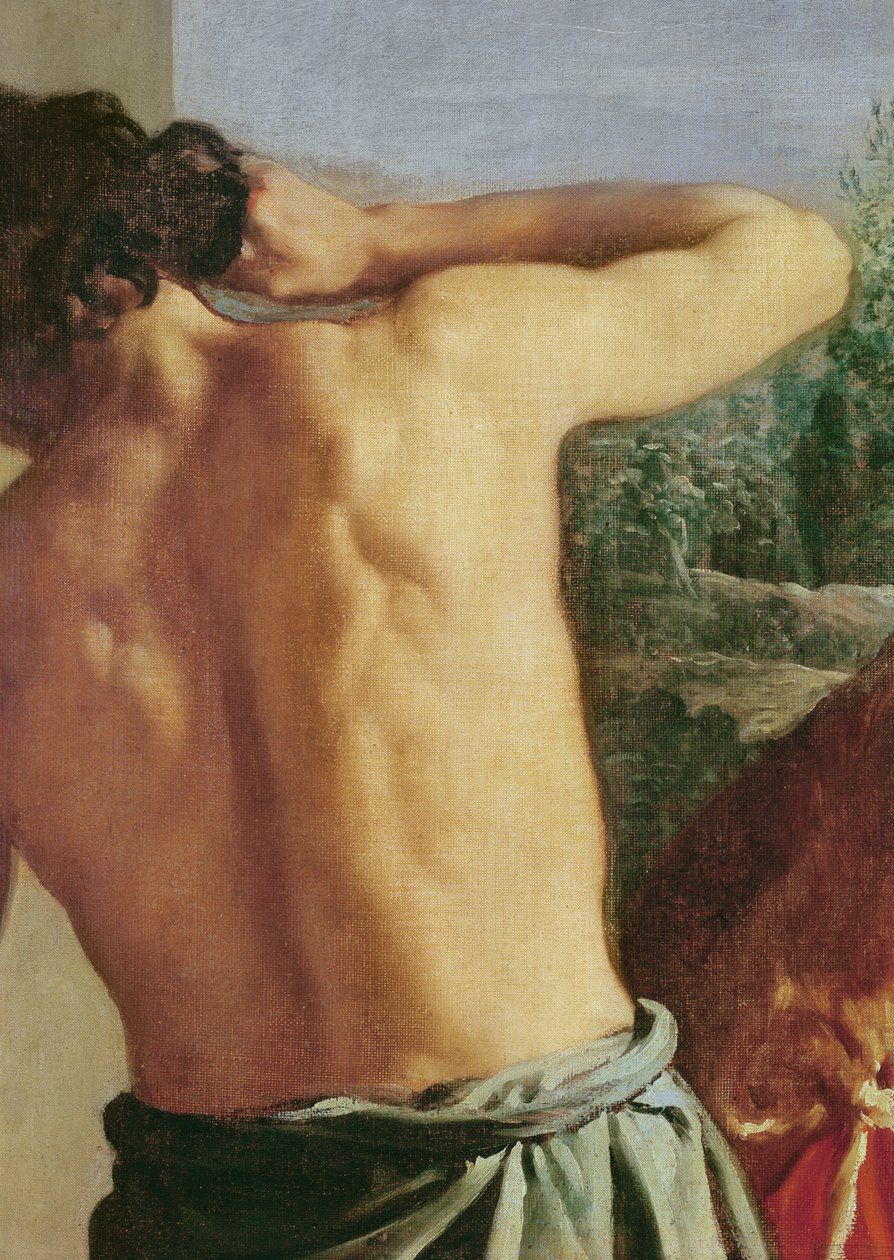 Josefs blodige frakk brakt til Jakob, detalj tjeneren på venstre side, 1630 (detalj av 55705) av Diego Velázquez