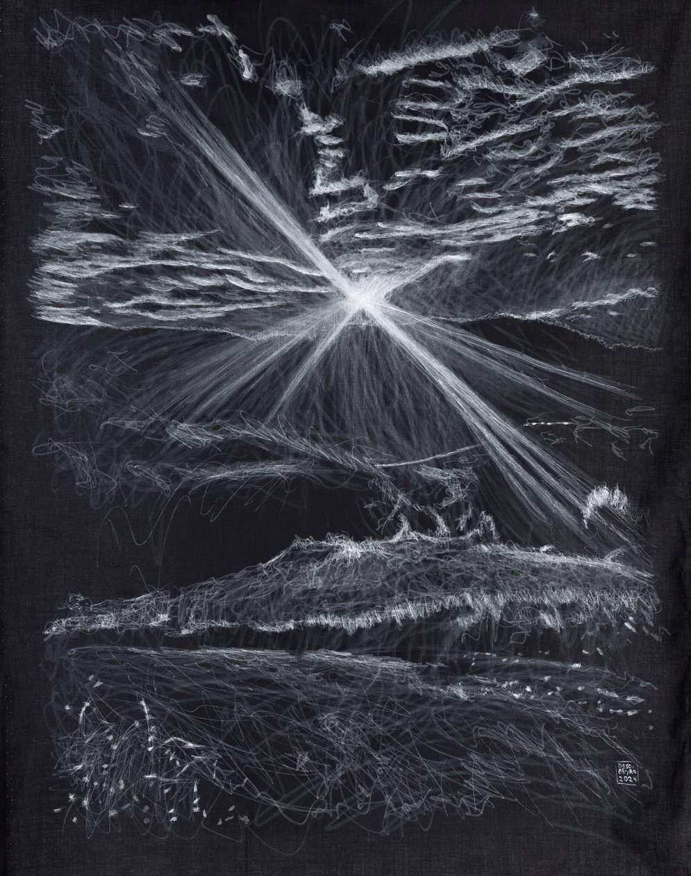 Bakgrunnsbelyst fjellvei, 2024 (akryl på stoff) av Diego Beyro