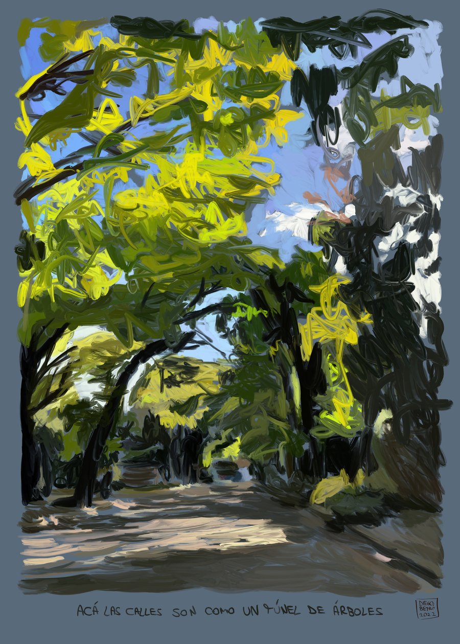 Tunnel of Trees, 2022 (digitalt kunstverk laget på iPad) av Diego Beyro