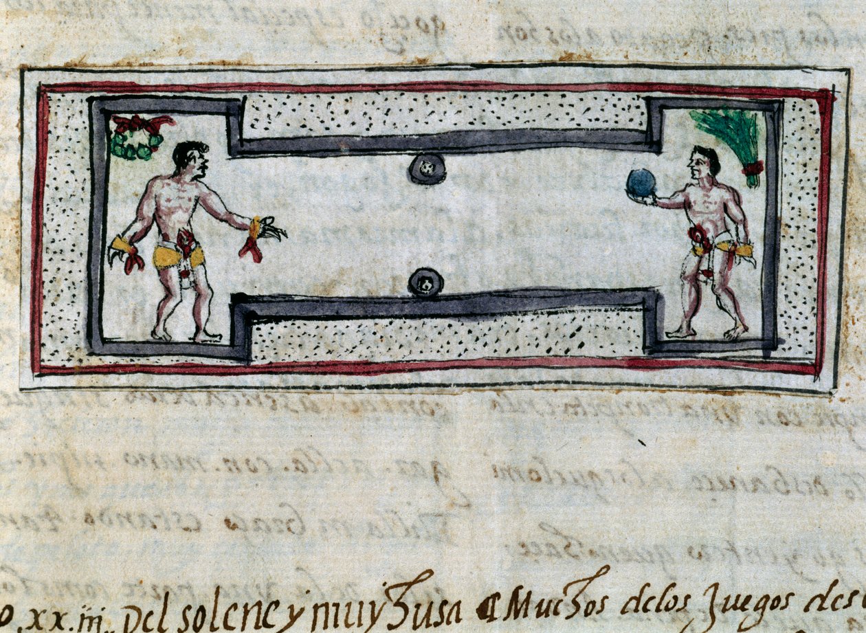 Aztekerne spiller pelota, miniatyr fra History of Indies (Historia de las Indias) av Diego Duran (1537-1588), manuskript fra 1579 av Diego Duran