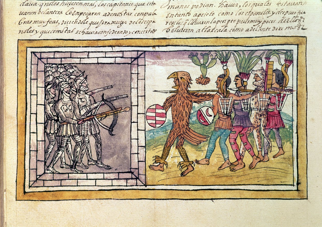 Codex Duran: Pedro de Alvarado (ca. 1485-1541) våpenledsager til Hernando Cortes (1485-1547) beleiret av aztekiske krigere av Diego Duran
