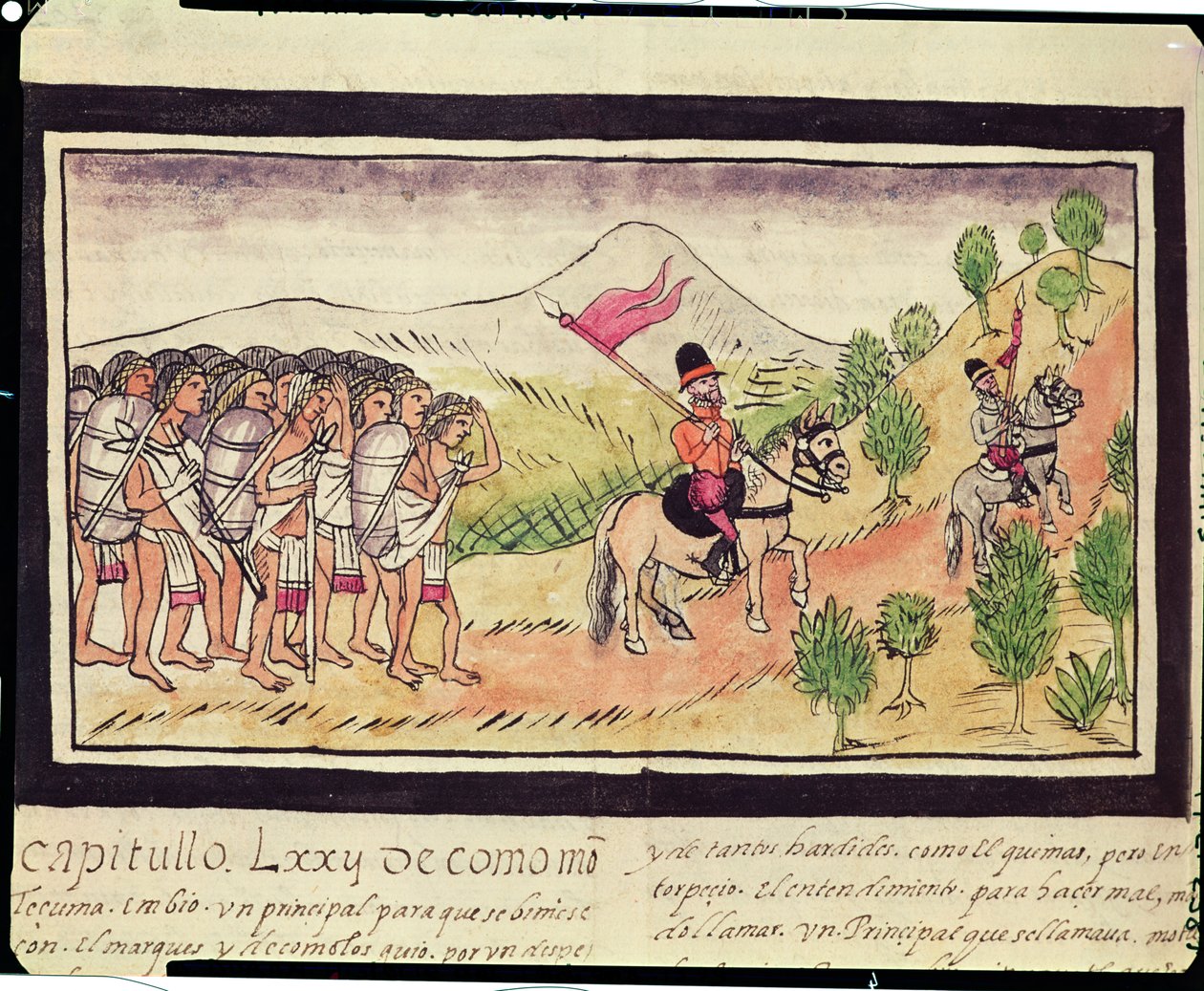 Fol.204v Totonac-indianerne hjelper conquistadorene med å transportere materialer, 1579 av Diego Duran