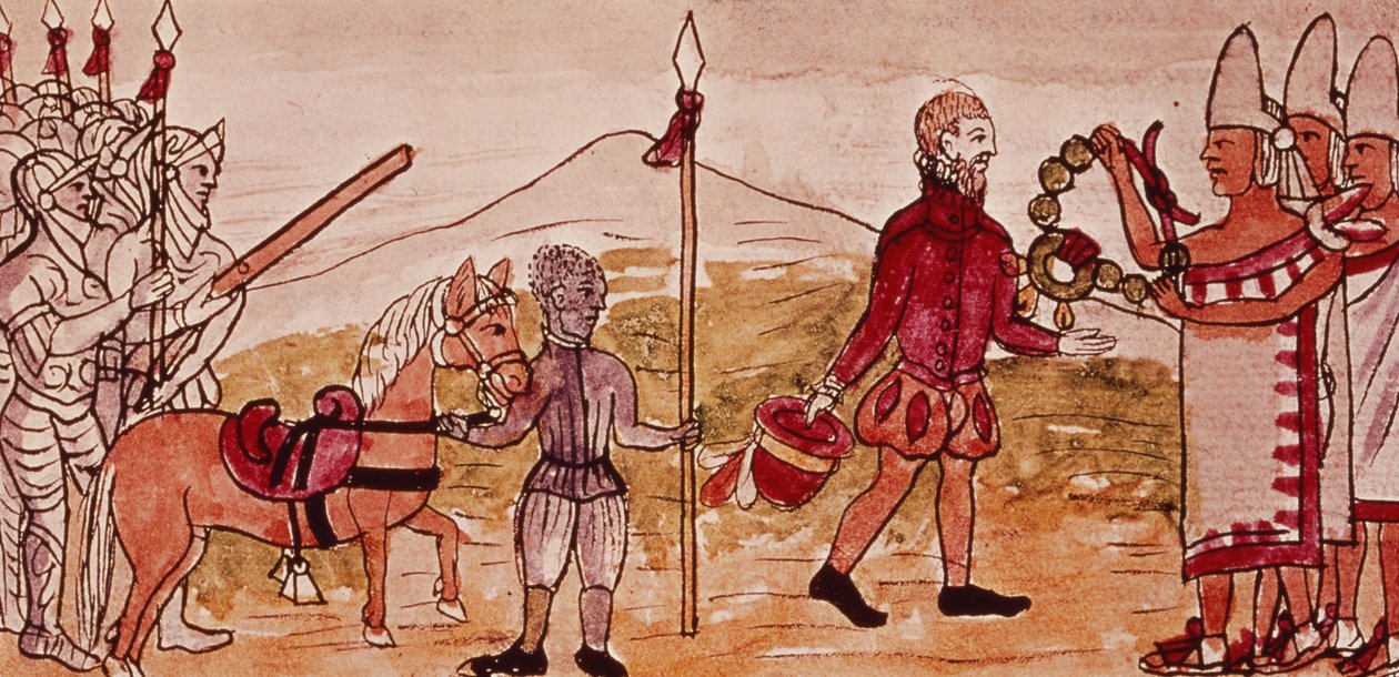 Fol.208v Meeting of Hernando Cortes (1485-1547) og Montezuma (1466-1520), miniatyr fra 