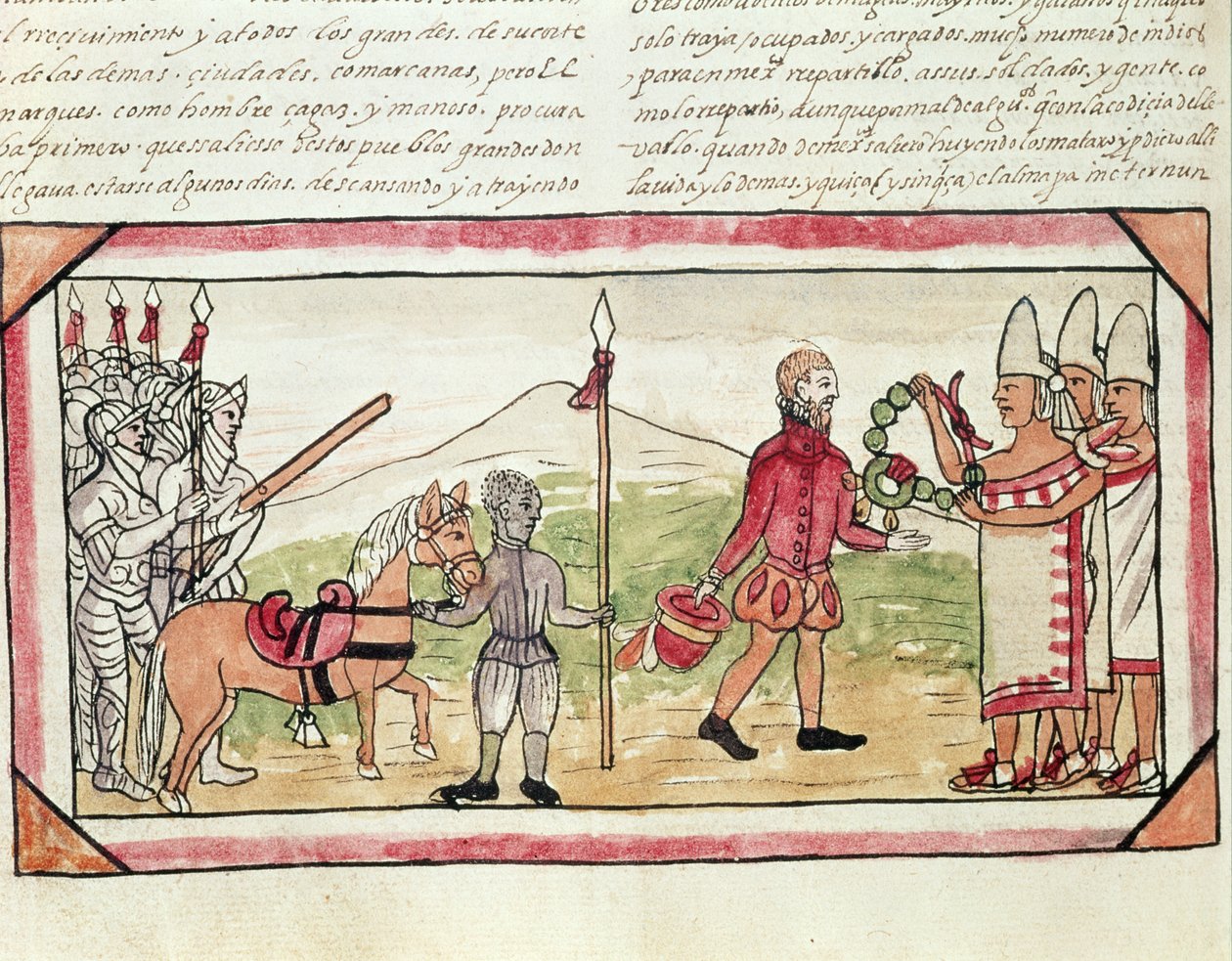 Fol.208v Meeting of Hernando Cortes (1485-1547) og Montezuma (1466-1520), miniatyr fra 