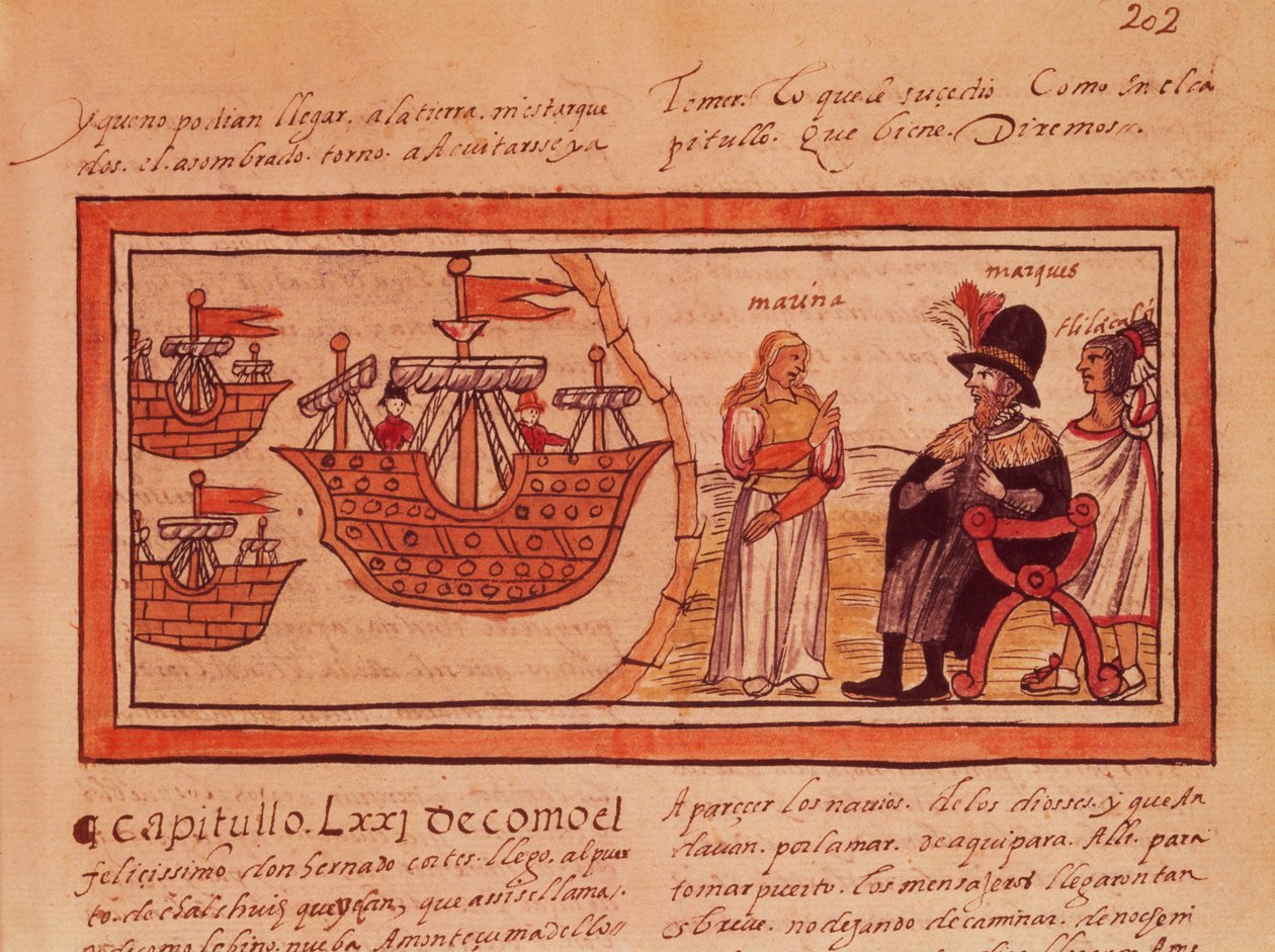 Den indiske prinsessen Malinche eller Dona Marina, elskerinnen til Hernando Cortes (1485-1547) tolker for ham av Diego Duran