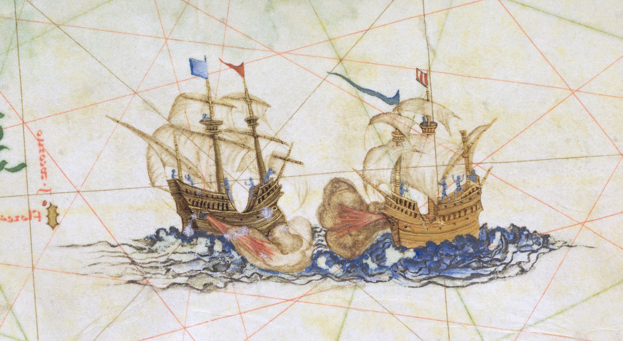 Legg til 5415A f.10 Two Galleons Fighting, detalj fra "Opus Geographicum" av Diego Homem