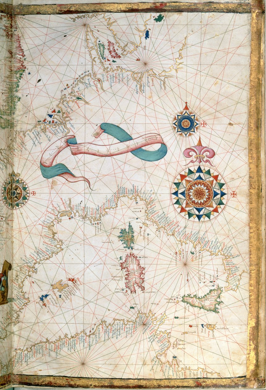 Korsika, Sardinia og Sicilia, detalj fra et verdensatlas, 1565 av Diego Homem