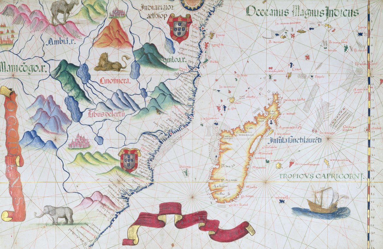 Madagaskar og østafrikansk kystlinje, detalj fra et verdensatlas, 1565 av Diego Homem