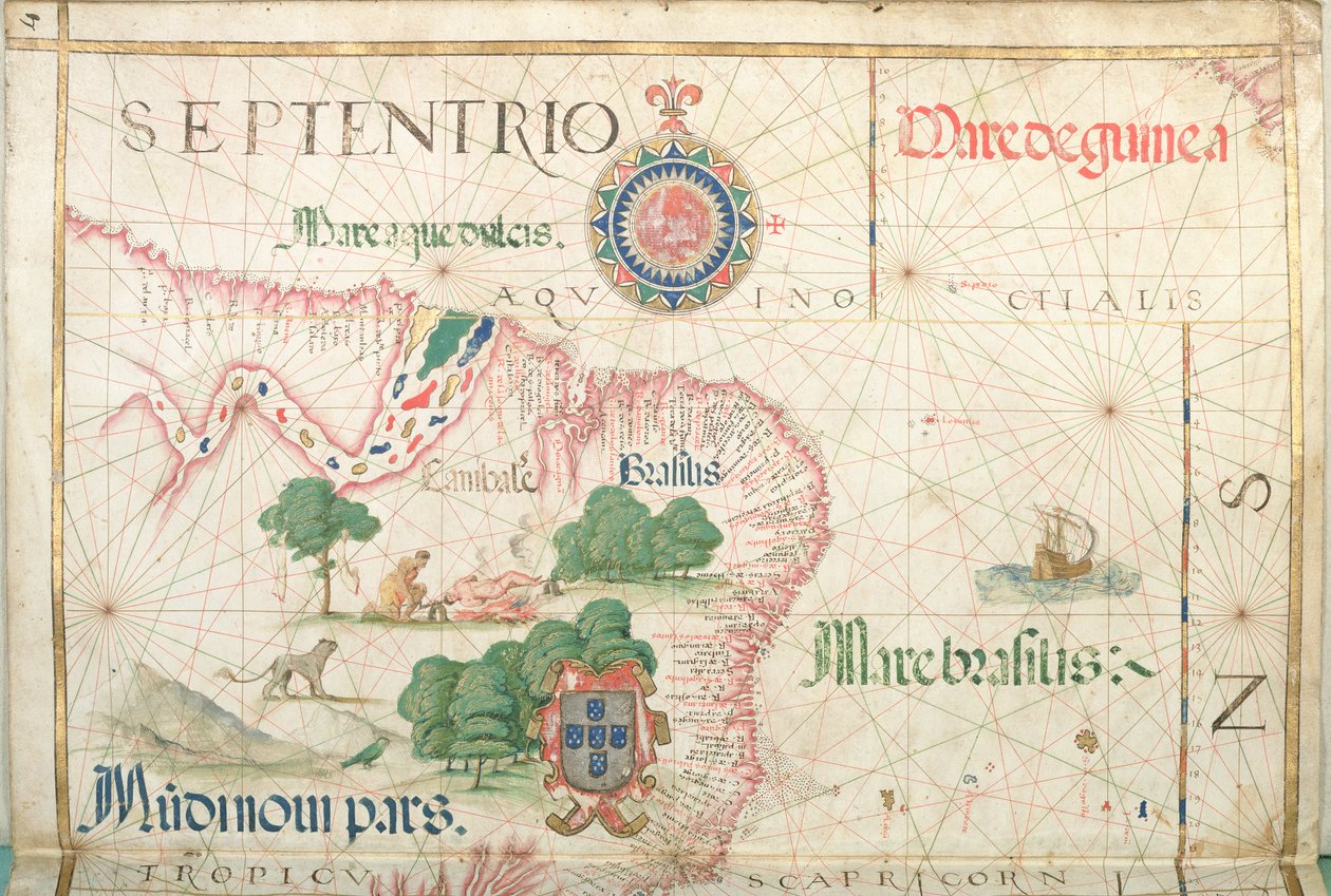 Mouth of the Amazon, Brasil, detalj fra et verdensatlas, 1565 av Diego Homem