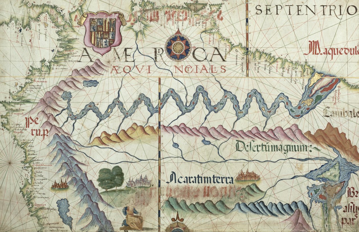 Nord-Sør-Amerika, detalj fra et verdensatlas, 1565 av Diego Homem
