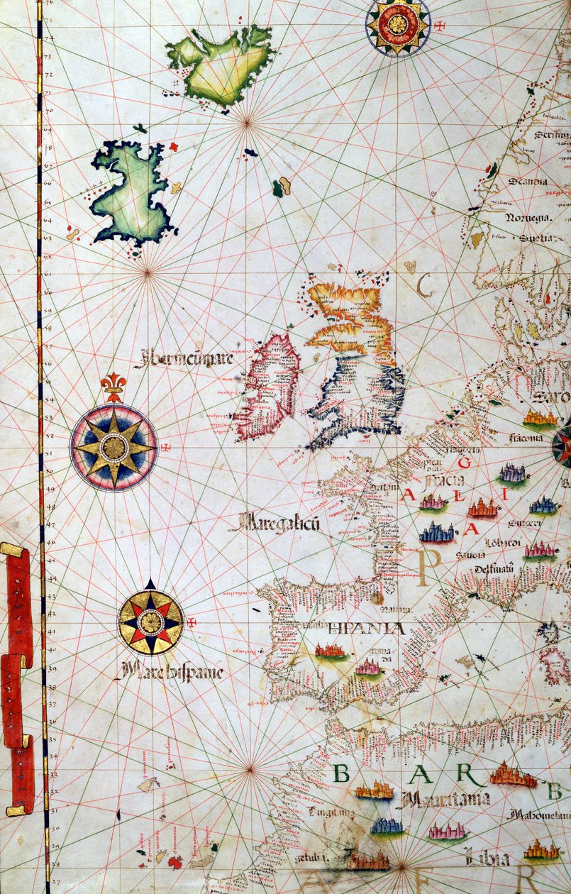 De britiske øyer, Iberia og Nordvest-Afrika, detalj fra et verdensatlas, 1565 av Diego Homem