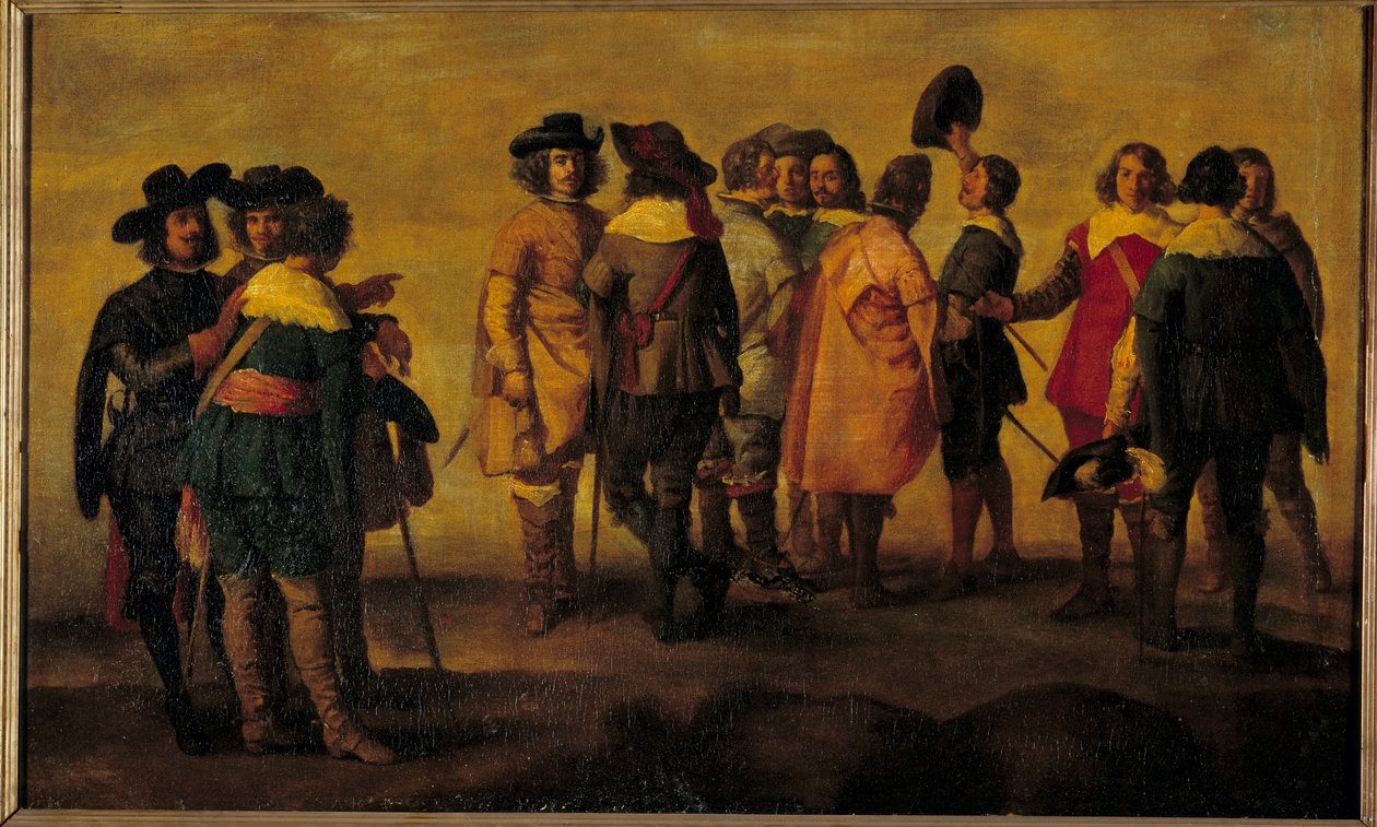 Samtale eller møte med tretten karakterer Maleri av følget til Diego Velasquez (1599-1660) 1600-tallet Søn. 0,47x0,77 m av Diego Rodriguez de Silva y (after) Velazquez