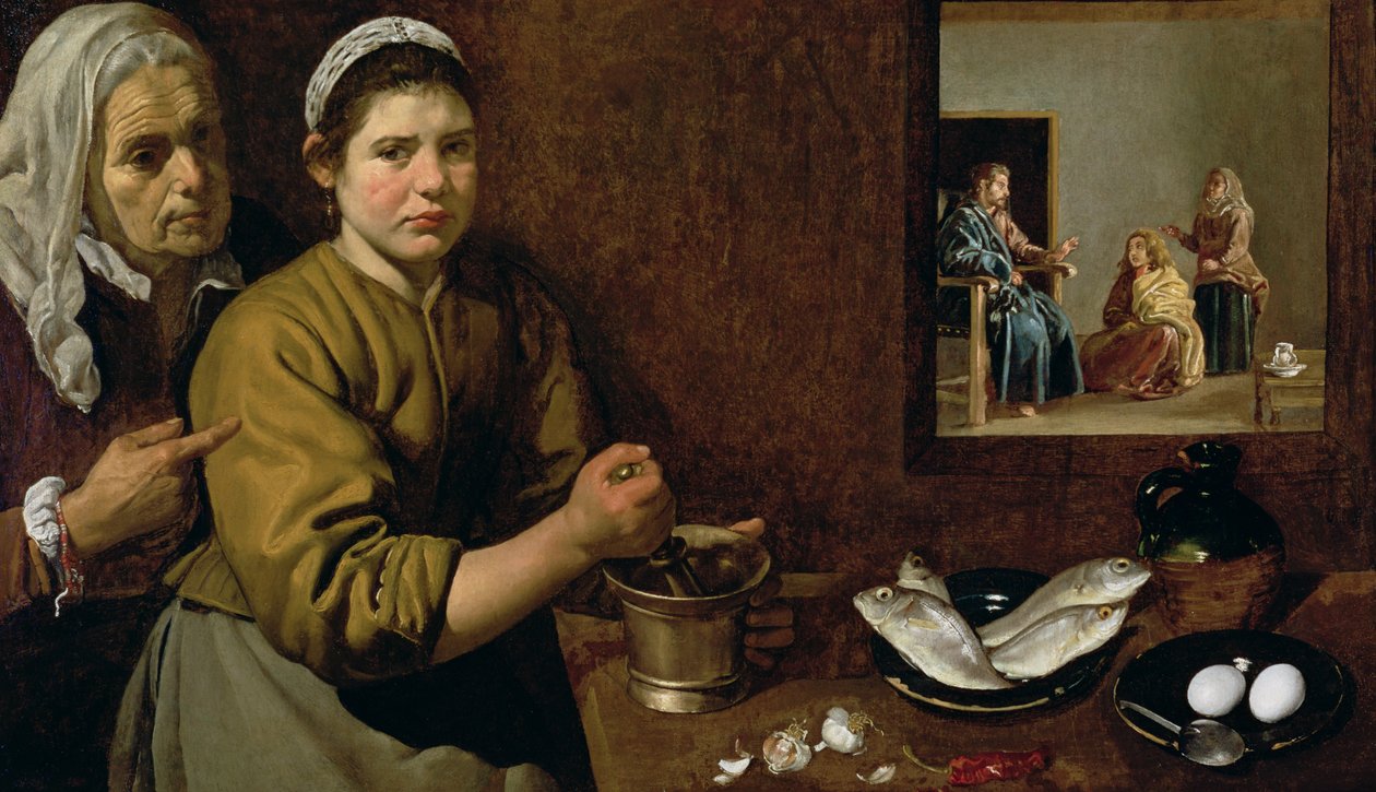 Kjøkkenscene med Kristus i huset til Martha og Maria, ca. 1618 (olje på lerret) av Diego Velázquez