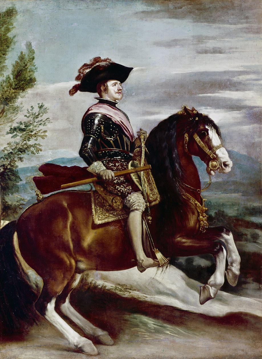 Portrett av Portrett av Filip IV på hesteryggen, ca. 1635 (olje på lerret) av Diego Rodriguez de Silva y Velazquez