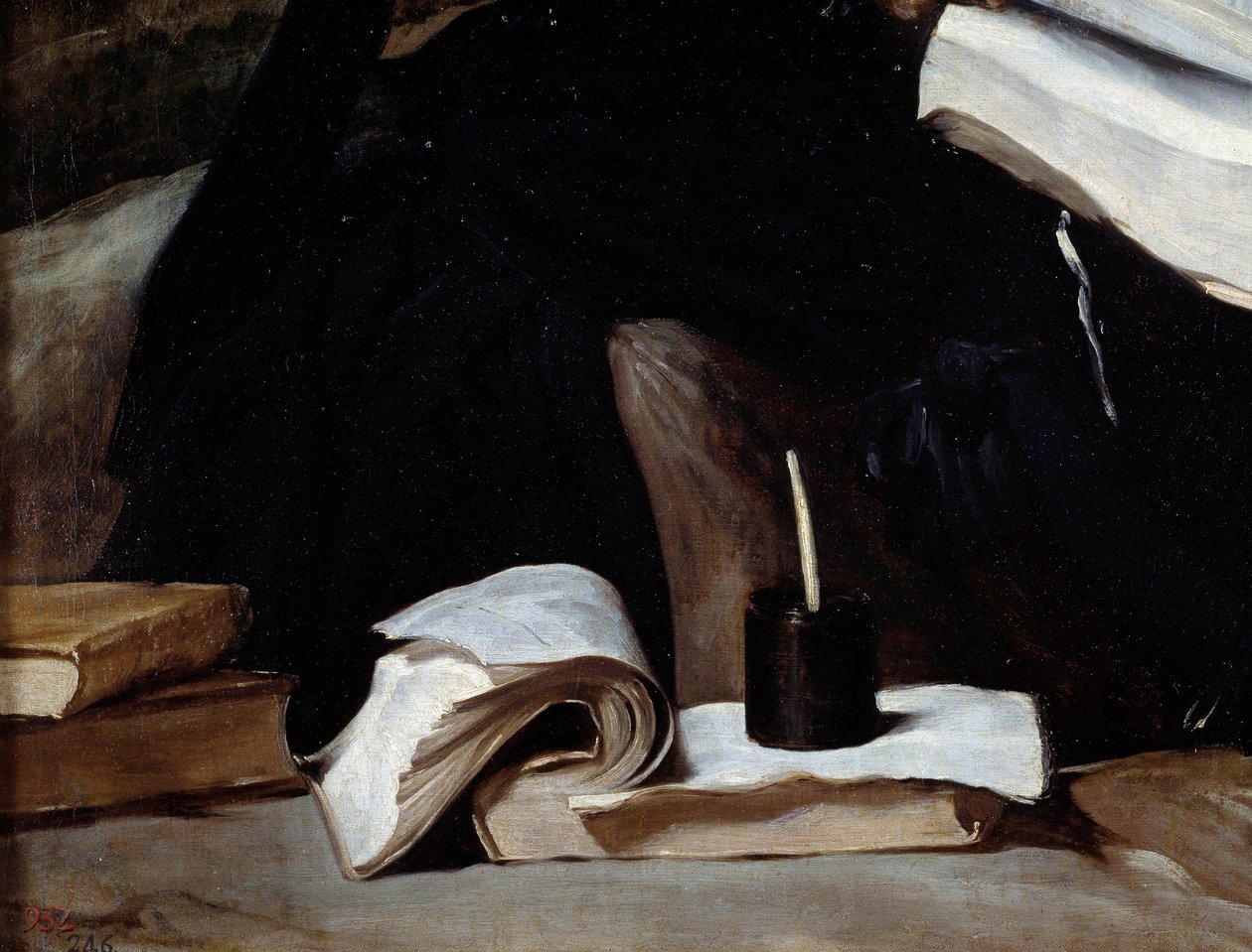 Portrett av narren Diego de Acedo, detalj. Bøker. Maleri av Diego Rodriguez de Silva og Velasquez (1599-1660) av Diego Velázquez