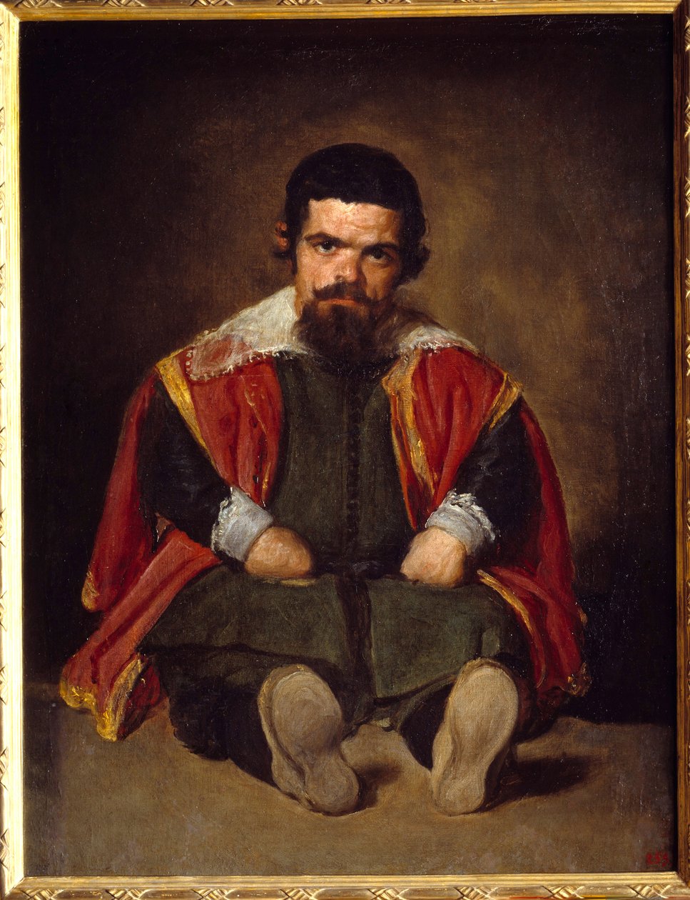 Portrett av narren Sebastien De Morra Dwarf sittende domstol. Maleri av Diego Velasquez (1599-1660) rundt 1645, søn. 1,06x0,81 m Madrid Musee du Prado - Portrett av narren Sebastien de Morra - Court dverg - sittende. Maleri av Diego Velazquez (eller Ve av Diego Velázquez