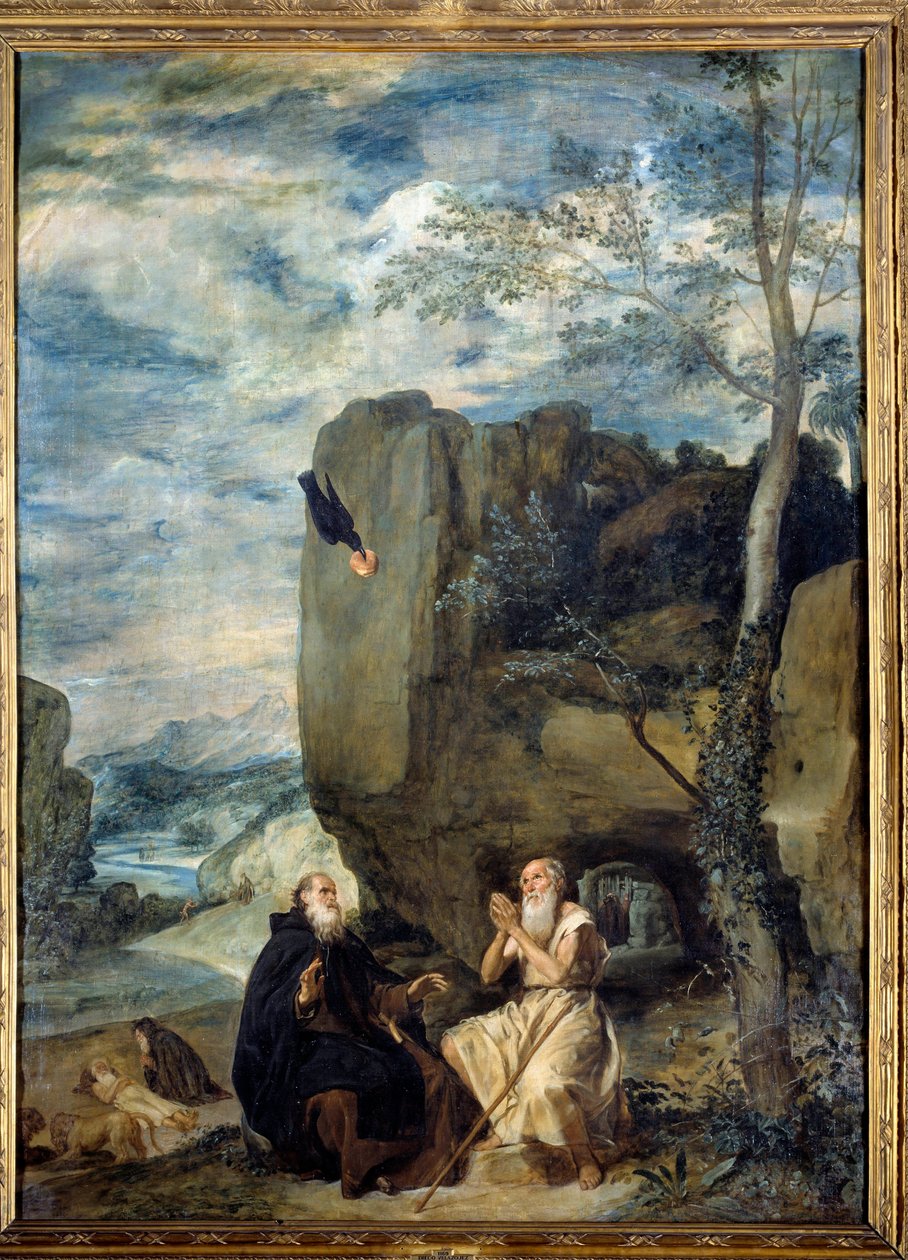 Saint Anthony the Great (eller Saint Anthony the Eremit eller Saint Anthony the Abbe) og Saint Paul Eremit. Maleri av Diego Rodriguez de Silva y Velasquez (1599-1660), ca 1635. Olje på lerret. Mål: 2,57 X 1,88 m. Madrid, Musee Du Prado av Diego Velázquez
