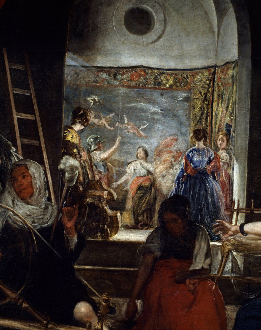 Spinnerne eller Arachne Detail-fabelen. Maleri av Diego Rodriguez de Silva y Velasquez (1599-1660), ca. 1655-1660, søn. 2,2x2,89 m Madrid, Musee du Prado av Diego Velázquez