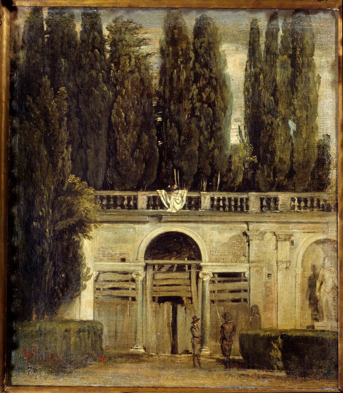 Villa Medicis i Roma, to menn ved inngangen til hulen til loggiaen under bygging Utsikt over hagene til Villa Medicis. Maleri av Diego Velasquez (1599-1660), cirka 1649 Søn. 0,48x0,42 m Madrid, Prado-museet av Diego Velázquez