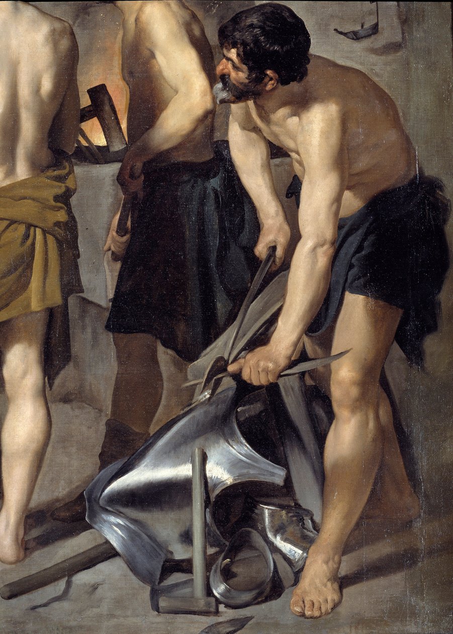 Vulcans smie, detalj. En av smedene jobber med rustning. Maleri av Diego Velasquez (1599-1660) 1630 Søn. 2,23x2,90 m Madrid, Prado-museet av Diego Velázquez