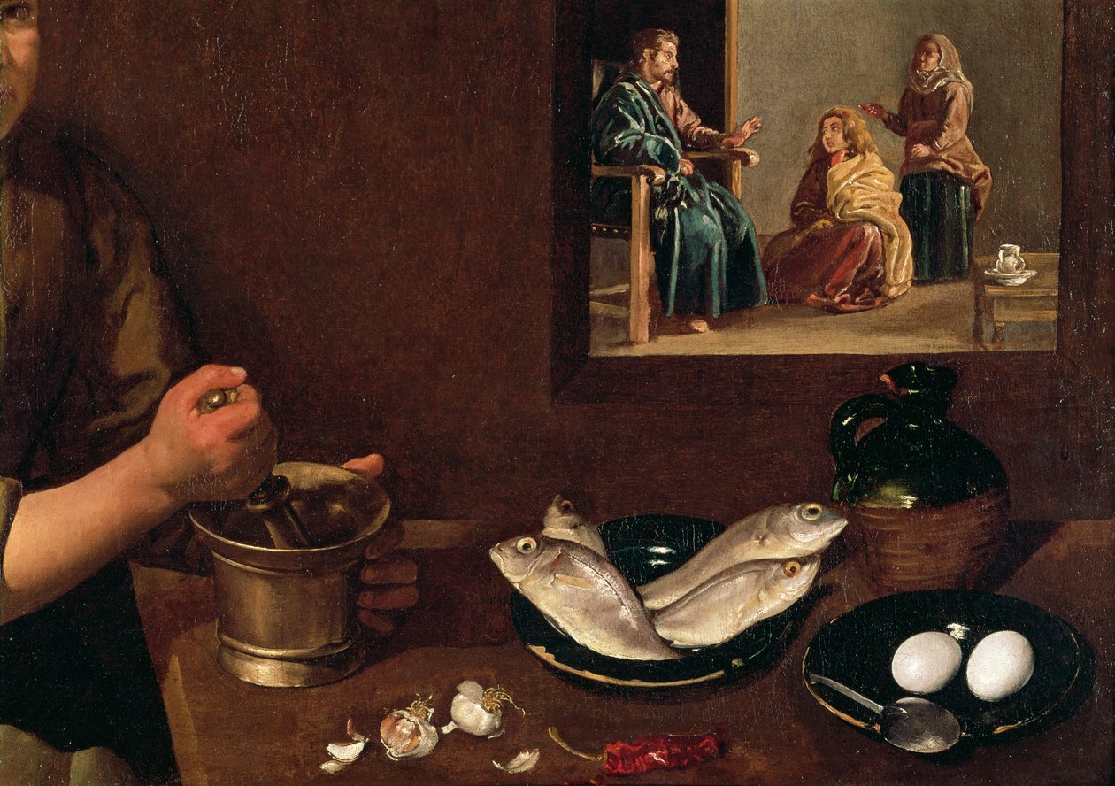 Kjøkkenscene med Kristus i huset til Martha og Maria (detalj av Mat på bordet med Kristus, Marta og Maria i bakgrunnen, se 99423), ca. 1618 av Diego Velázquez