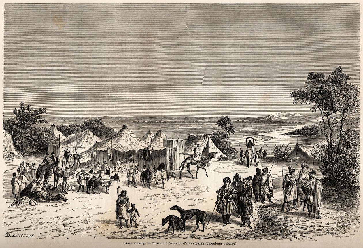 En Touareg-leir, tegning av Lancelot, for å illustrere reisen til Dr. Henri Barth i 1849-1855 til sentrum av Afrika. Gravering i "" Le tour du monde, nouveau journal des voyages"" Paris av Dieudonne Auguste Lancelot