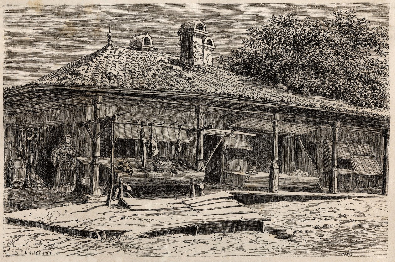 En slakterbutikk og et bakeri i Bucuresti (Romania). Gravering for å illustrere turen fra Paris til Bucuresti av Lancelot, designer, i 1860, i "Le tour du monde, nouveau journal des voyages", utgitt under ledelse av Edouard Charton av Dieudonne Auguste Lancelot
