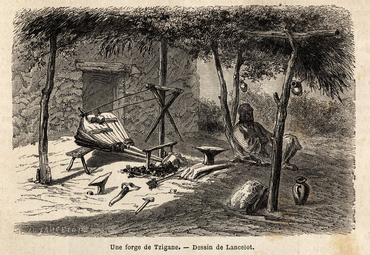En sigøynersmie i regionen Walachia, Romania. Gravering for å illustrere reisen fra Paris til Bucuresti, av Lancelot, tegner, i 1860, publisert i "Le tour du monde, nouveau journal des voyages", under ledelse av Edouard Charton av Dieudonne Auguste Lancelot