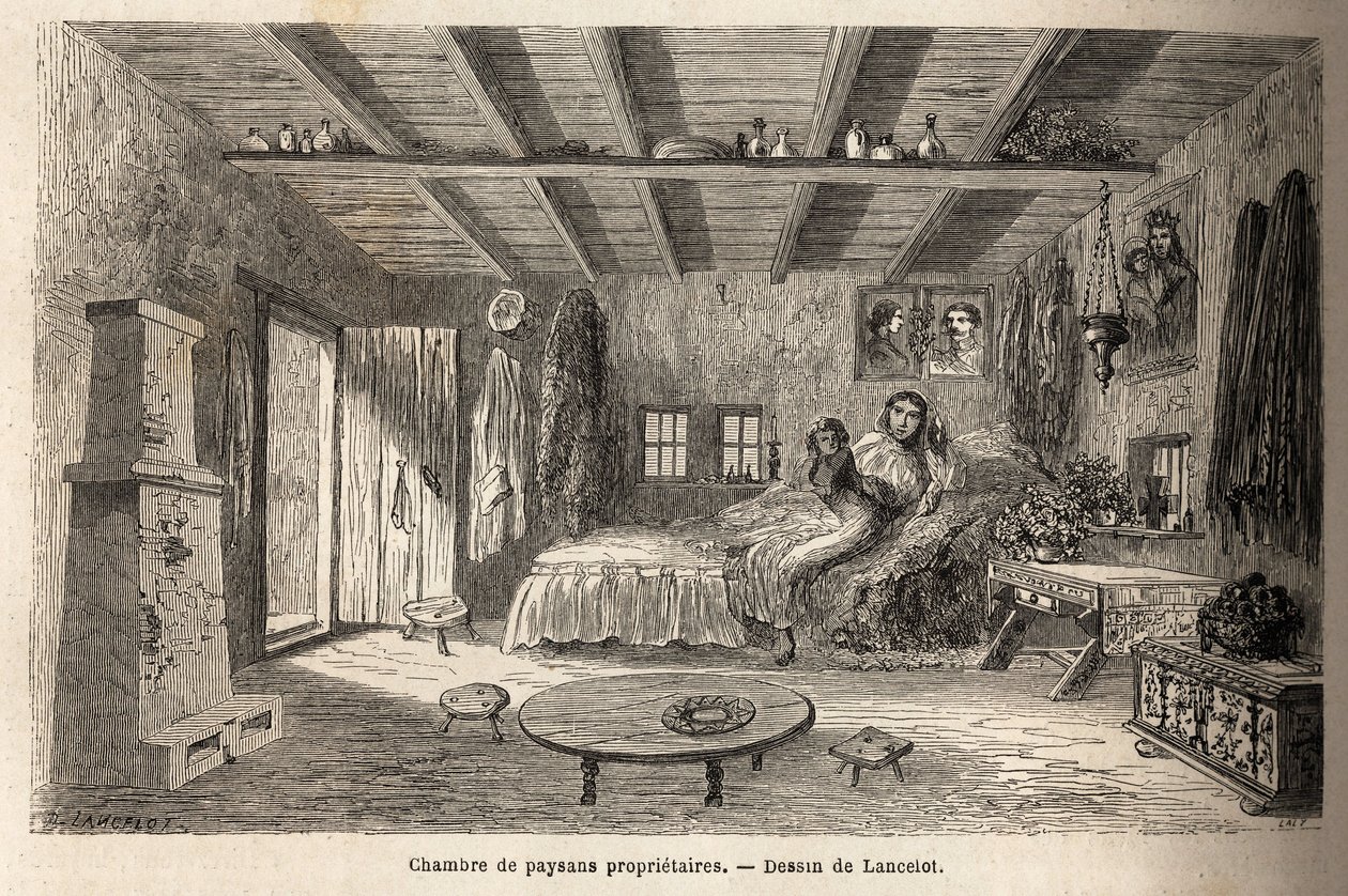 Et hus med eierbønder, i nærheten av Orezu (Walachia-regionen, Romania). Gravering for å illustrere reisen fra Paris til Bucuresti, av Lancelot, tegner, i 1860, publisert i "Le tour du monde, nouveau journal des voyages", under ledelse av o av Dieudonne Auguste Lancelot
