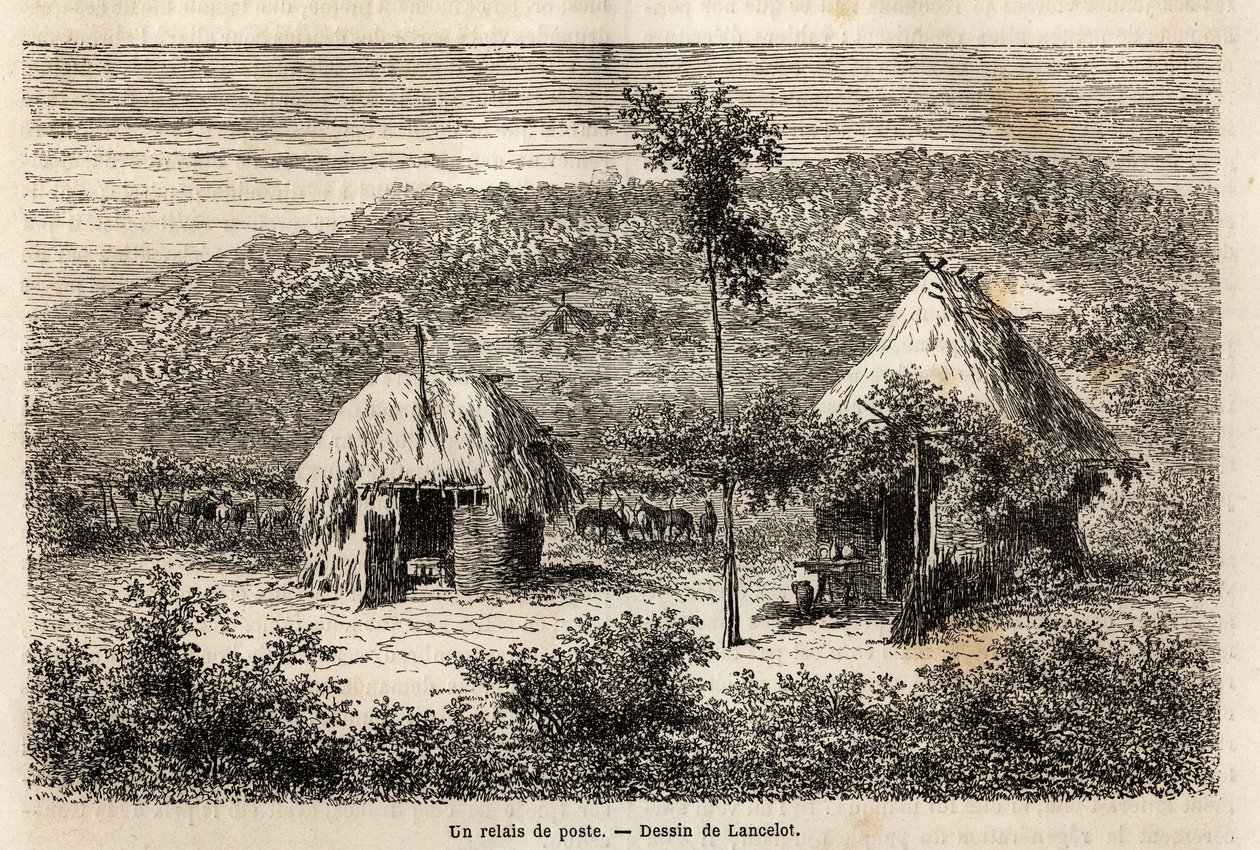En poststafett mellom Bucuresti og Pitesti. Gravering for å illustrere reisen fra Paris til Bucuresti (Romania), i 1860, av Lancelot, designer, i "Le tour du monde, nouveau journal des voyages", utgitt under ledelse av Edouard Charton av Dieudonne Auguste Lancelot
