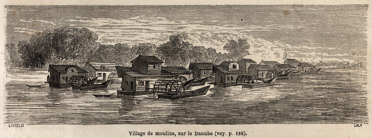 En landsby med møller ved Donau, tegnet av Lancelot, for å illustrere Victor Duruys reise fra Paris til Bucuresti i 1860. Gravering i «» Le tour du monde», redigert av Edouard Charton av Dieudonne Auguste Lancelot