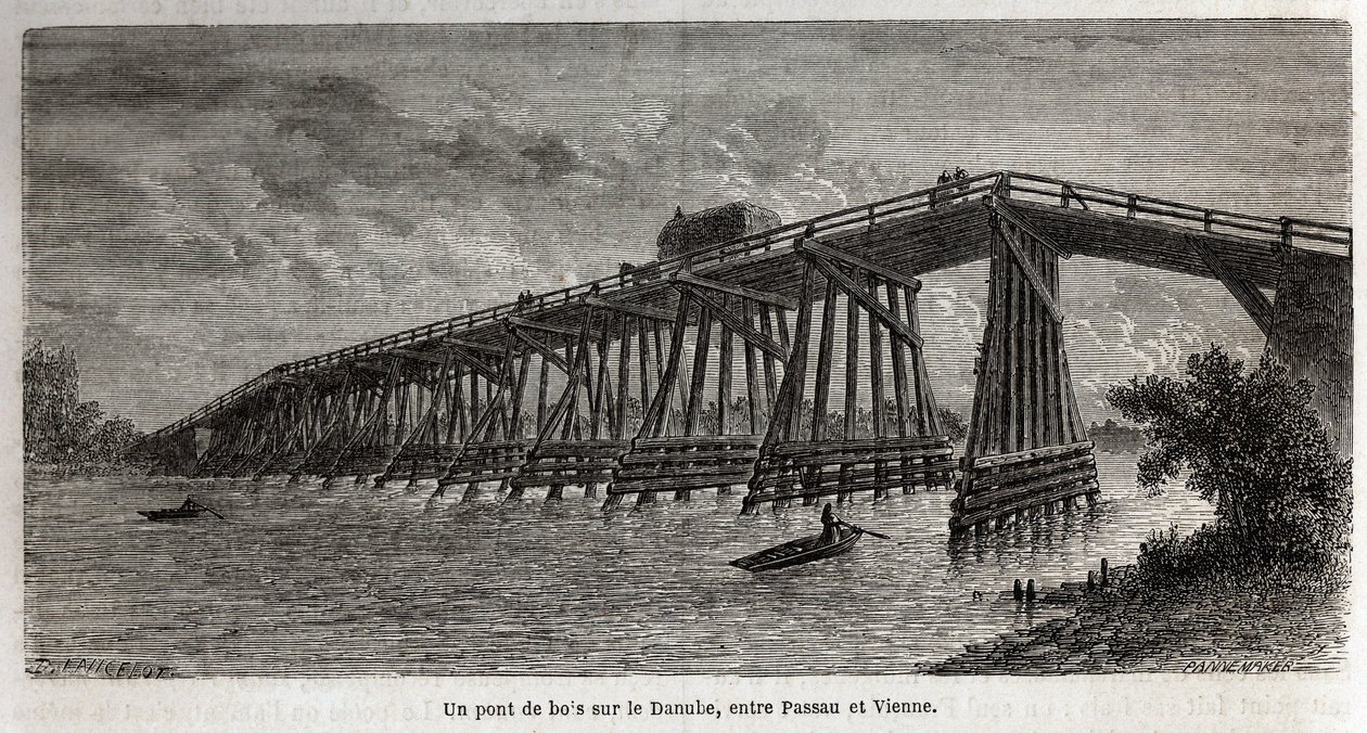 En trebro over Donau, mellom Passau og Wien, tegning av Lancelot, for å illustrere Victor Duruys reise fra Paris til Bucuresti i 1860. Gravering i “” Le tour du monde””, redigert av Edouard Charton av Dieudonne Auguste Lancelot