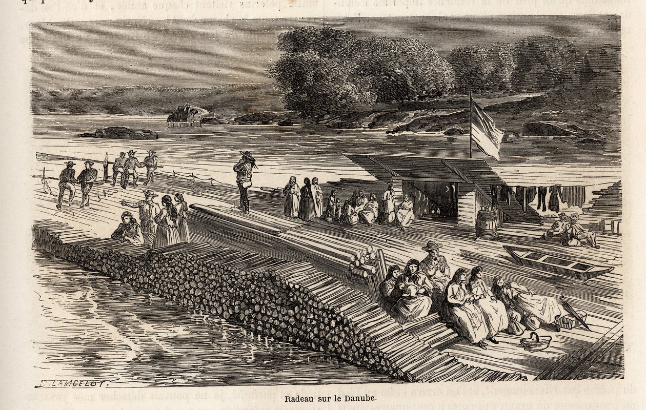 En treflåte på Donau, for transport av varer og mennesker, tegning av Lancelot, for å illustrere Victor Duruys reise fra Paris til Bucuresti i 1860. Gravering i “” Le tour du monde””, redigert av Edouard Charton av Dieudonne Auguste Lancelot