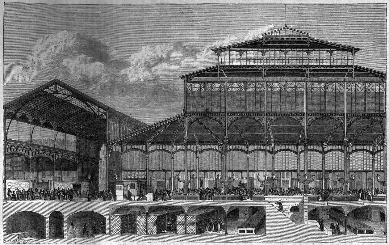 Tverrsnitt av Halles de Paris i 1862. Gravering av Lancelot i "" Le Magasin pittoreske"" av Dieudonne Auguste Lancelot