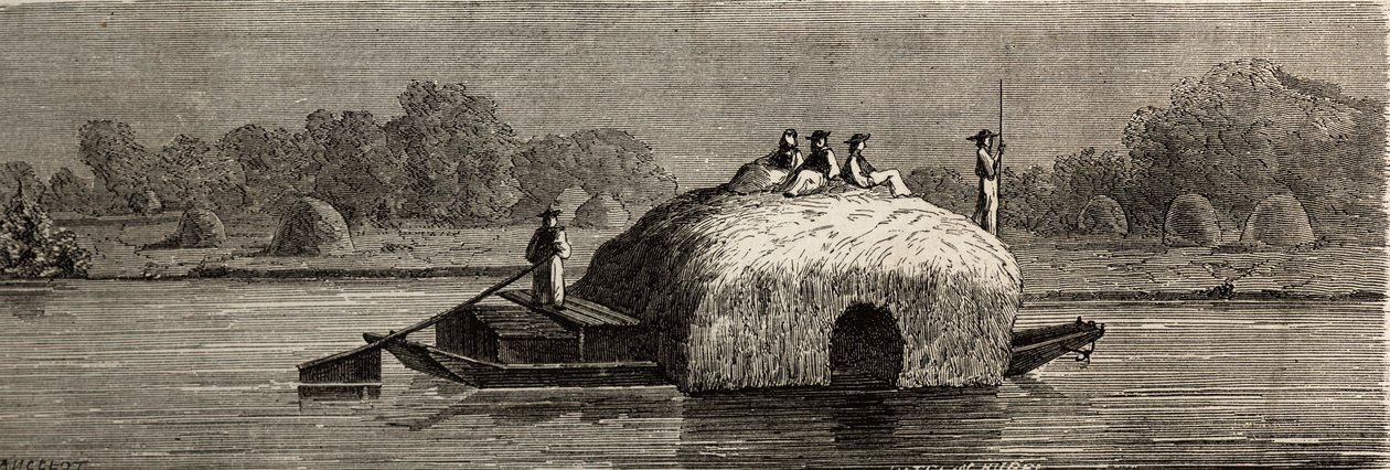 Kutting, høsting og transport av fôr på bredden av Donau. Tegning av Lancelot, for å illustrere hans reise fra Paris til Bucuresti i 1860. Gravering i "" Le tour du monde", redigert av Edouard Charton av Dieudonne Auguste Lancelot