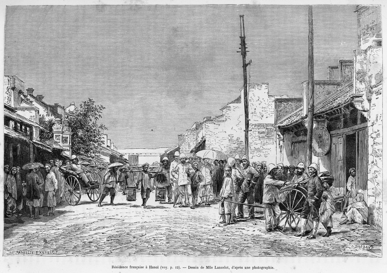Fransk residens i Hanoi. Gravering av Lancelot, etter et fotografi, for å illustrere historien Trente mois au Tonkin i 1884, av Doctor Hocquard, i le tour du monde 1889, regissert av Edouard Charton (1807-1890), Hachette, Paris. av Dieudonne Auguste Lancelot