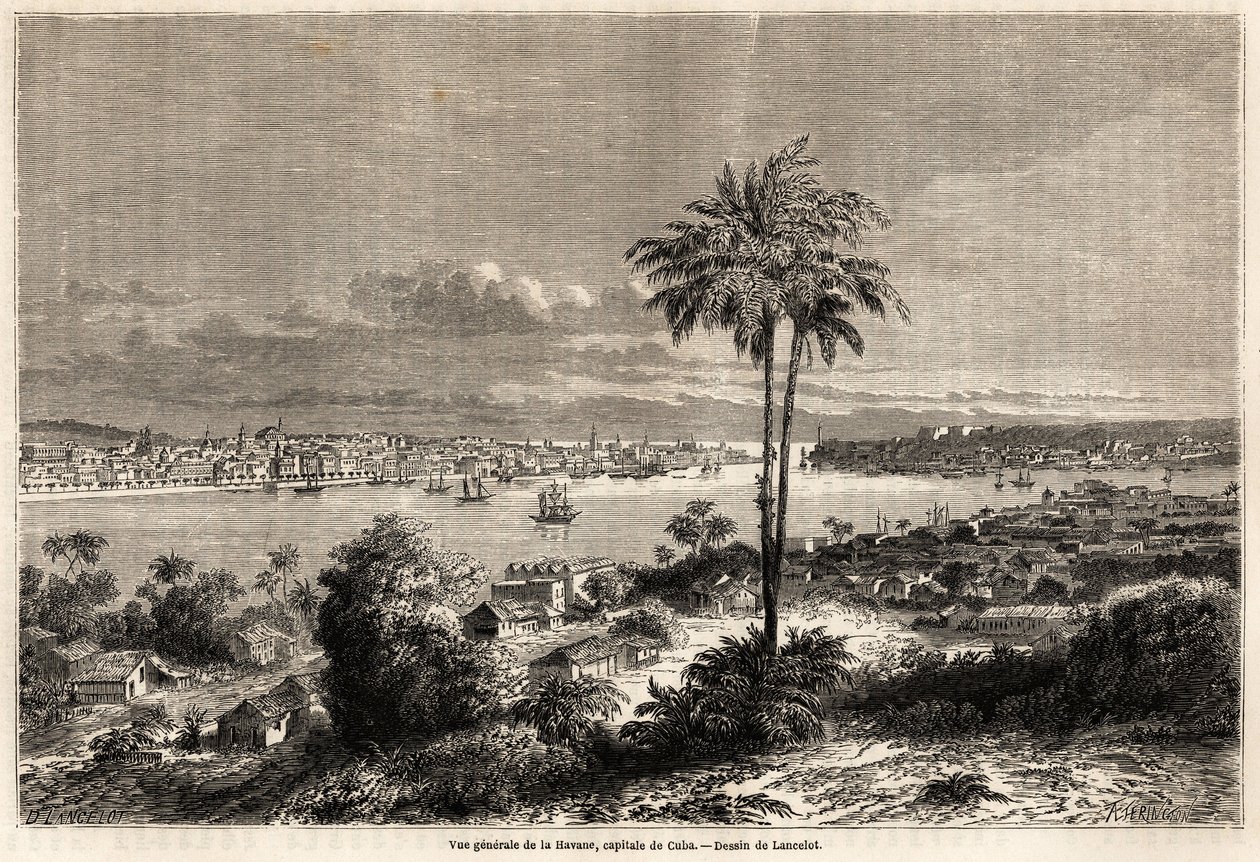 Generell oversikt over Havana, Cubas hovedstad, tegning av Lancelot for å illustrere reisen til øya Cuba, i 1859, av Richard Dana (1815-1882). Gravering i "" Le tour du monde, nouveau journal des voyages"" Paris av Dieudonne Auguste Lancelot