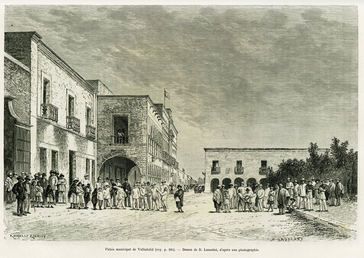 Valladolid kommunale palass. Gravering av Lancelot for å illustrere historien Ma last expedition au Yucatan, av Desire Charnay, i le tour du monde 1887, regissert av Edouard Charton (1807-1890), Hachette, Paris. av Dieudonne Auguste Lancelot