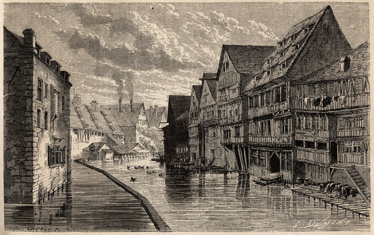 Gamle garverier, i Ulm, tegning av Lancelot, for å illustrere Victor Duruys reise fra Paris til Bucuresti i 1860. Gravering i "" Le tour du monde", redigert av Edouard Charton av Dieudonne Auguste Lancelot